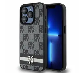 DKNY PU Leather Checkered Pattern and Stripe Zadný Kryt pre Apple iPhone 14 Pro čierna