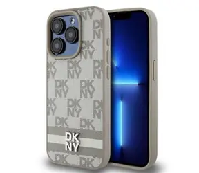 DKNY PU Leather Checkered Pattern and Stripe Zadný Kryt pre Apple iPhone 14 Pro béžová