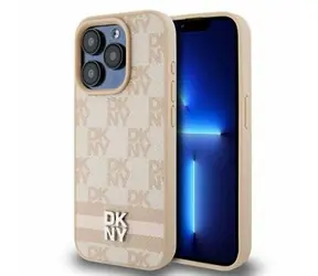 DKNY PU Leather Checkered Pattern and Stripe Zadný Kryt pre Apple iPhone 14 Pro ružová