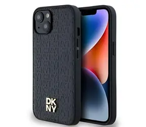DKNY PU Leather Repeat Pattern Stack Logo Magsafe Zadný Kryt pre Apple iPhone 15 čierna
