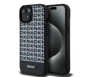 DKNY PU Leather Repeat Pattern Bottom Stripe MagSafe Zadný Kryt pre Apple iPhone 15 čierna
