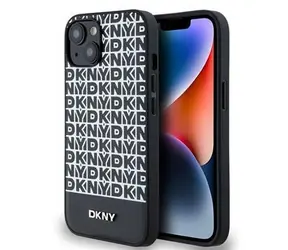 DKNY PU Leather Repeat Pattern Bottom Stripe MagSafe Zadný Kryt pre Apple iPhone 14 čierna