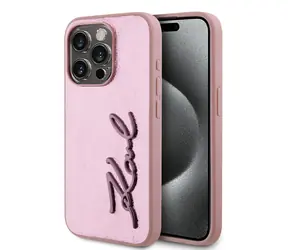 Karl Lagerfeld Wrinkled PU Signature Logo Zadný Kryt pre Apple iPhone 15 Pro Max ružová
