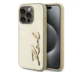 Karl Lagerfeld Wrinkled PU Signature Logo Zadný Kryt pre Apple iPhone 15 Pro zlatá