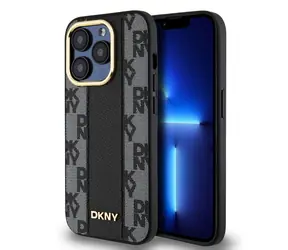 DKNY PU Leather Checkered Pattern Magsafe Zadný Kryt pre Apple iPhone 15 Pro čierna