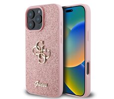 Guess PU FIXED Glitter 4G Metal Logo Zadný Kryt pre Apple iPhone 16 Pre ružová