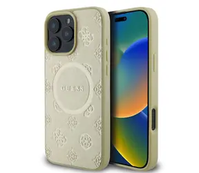 Guess Saffiano Peón Stamp MagSafe Zadný Kryt pre Apple iPhone 16 Pre Max zlatá