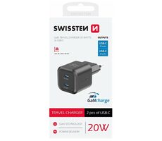 Swissten Sieťový adaptér GaN 2x USB-C 20W čierna / PD