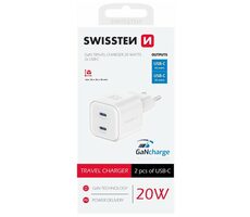 Swissten Sieťový adaptér GaN 2x USB-C 20W biela / PD