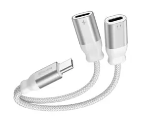 Swissten TEXTILE Nabíjací audio adaptér USB-C (M) - 2x USB-C (F) 0.12m biela