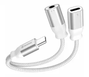 Swissten TEXTILE Nabíjací audio adaptér USB-C(M) - USB-C(F) - 3.5mm jack 0.12m biela