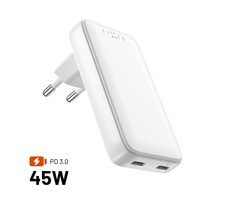 FIXED Sieťová GaN nabíjačka Slim s 2x USB-C výstupom a podporou PD 45W biela
