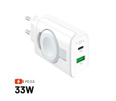 FIXED Sieťová nabíjačka Power Socket s USB-A a USB-C výstupom a vyklápacou nabíjačkou pre Apple Watch 33W biela