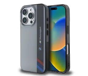 BMW IML Motorsport Vertical Stripe Zadný Kryt pre Apple iPhone 16 Pre sivá