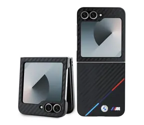 BMW M PU Carbon Tricolor Stripe Zadný Kryt pre Samsung Galaxy Z Flip 6 čierna