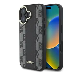 DKNY PU Leather Checkered Pattern Magsafe Zadný Kryt pre Apple iPhone 16 PLUS čierna