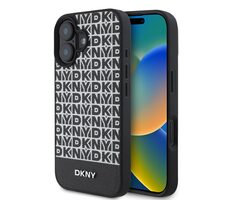 DKNY PU Leather Repeat Pattern Bottom Stripe MagSafe Zadný Kryt pre Apple iPhone 16 PLUS čierna