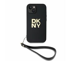 DKNY PU Leather Stack Logo Wrist Strap Zadný Kryt pre Apple iPhone 13 čierna