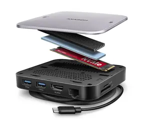 Axagon HMC-UFO, USB 10Gbps húb, 2x USB-A, USB-C, HDMI 4k/60, RJ-45, M.2 slot, SD/mSD, audio, PD 100W, kábel USB-C 65cm