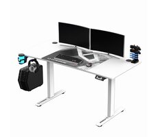 Ultradesk LEVEL V2 biela / Herný elektricky nastaviteľný stôl / 140 x 68 x 72-117 cm / držiak slúchadiel&nápojov