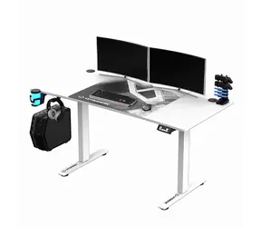 Ultradesk LEVEL V2 biela / Herný elektricky nastaviteľný stôl / 140 x 68 x 72-117 cm / držiak slúchadiel&nápojov