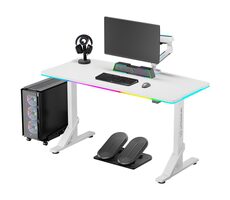 Ultradesk IRON biela / Herný stôl / 132.5 x 60.5 x 71 - 81 cm / nastaviteľná výška / LED osvetlenie