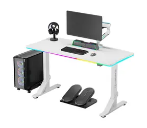 Ultradesk IRON biela / Herný stôl / 132.5 x 60.5 x 71 - 81 cm / nastaviteľná výška / LED osvetlenie