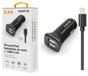 Aligator Nabíjačka do auta pre iPh 5/6/7/8 s 2xUSB výstupom 2/4A/Turbo charge/čierna
