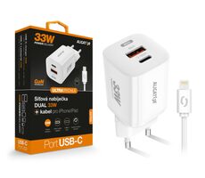 Aligator Rýchla nabíjačka GaN / PD 33W / USB-C / Lightning kábel / biela
