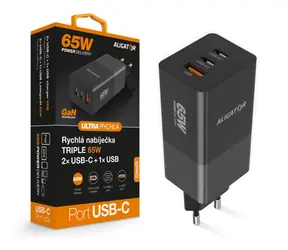 Aligator Rýchla nabíjačka GaN / PD 65W / 2xUSB-C / 1xUSB-A / čierna