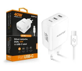Aligator Rýchla nabíjačka Aligator / PD 40W / 2xUSB-C / USB-C/USB-C kábel / biela