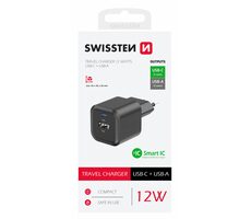 Swissten Sieťový adaptér 1x USB-C + 1x USB-A 12W čierna