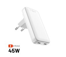 FIXED Sieťová GaN nabíjačka Slim Traveller s 2x USB-C výstupom s vymeniteľnými adaptérmi 45W biela