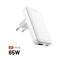 FIXED Sieťová GaN nabíjačka Slim Traveller s USB-C a USB výstupom s vymeniteľnými adaptérmi 65W biela