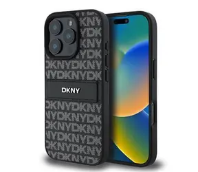 DKNY PU Leather Repeat Pattern Tonal Stripe Zadný Kryt pre iPhone 16 Pro Black