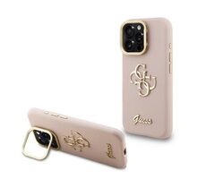 Guess PU Grained 4G Logo Stand Camera Frame Zadný Kryt pre iPhone 16 Pre Pink