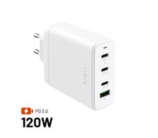 FIXED Sieťová GaN nabíjačka s 3xUSB-C a USB výstupom podpora PD 3.0 120W biela