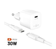 FIXED Set sieťovej GaN nabíjačky Mini s USB-C výstupom a USB-C/USB-C kábla podpora PD 1.2 meter 30W biely