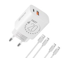 Obal:Me Cestovná Nabíjačka USB-A + USB-C 20W + 2x kábel 1m White