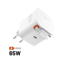 FIXED Sieťová GaN nabíjačka s 2xUSB-C podpora PD 3.0 so samonavíjacím káblom 65W biela