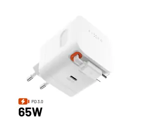 FIXED Sieťová GaN nabíjačka s 2xUSB-C podpora PD 3.0 so samonavíjacím káblom 65W biela