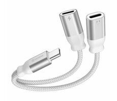 Rozbalené - Swissten TEXTILE Nabíjací audio adaptér USB-C (M) - 2x USB-C (F) 0.12m biela / rozbalené