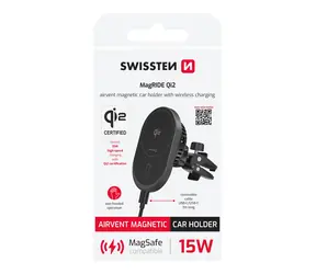 Swissten MagRIDE Qi2 Magnetický držiak do ventilácie auta s bezdrôtovým nabíjaním čierna / 15W / MagSafe / USB-C