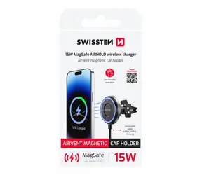 Swissten MagSafe AIRHOLD Magnetický držiak do ventilácie auta s bezdrôtovým nabíjaním čierna / 15W / MagSafe / USB-C
