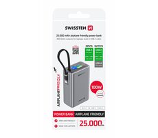 Swissten 22013977 Cestovná powerbanka 25000 mAh s integrovaným USB-C káblom 100W sivá