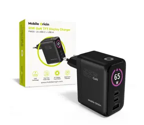 Mobile Origin PW20 GaN 65W čierna / Nabíjačka s TFT displejom / 2x USB-C & 1x USB-A