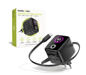 Mobile Origin PW3 GaN 65W čierna / Nabíjačka s TFT displejom / 1x USB-C kábel / 1x USB-C & 1x USB-A