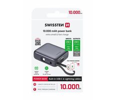 Swissten 22013939 10000mAh strieborná / Powerbanka s integrovanými káblami / 2x USB-C + Lightning