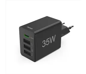 HAMA rýchla USB nabíjačka čierna / 1x USB-C / 3x USB-A / PD / QC / 35 W