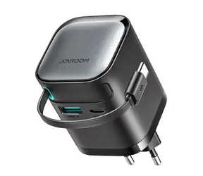 Joyroom JR-TCL02 Sieťová nabíjačka čierna / 1x USB-C + 1x USB-A / vstavaný kábel USB-C / 65W 